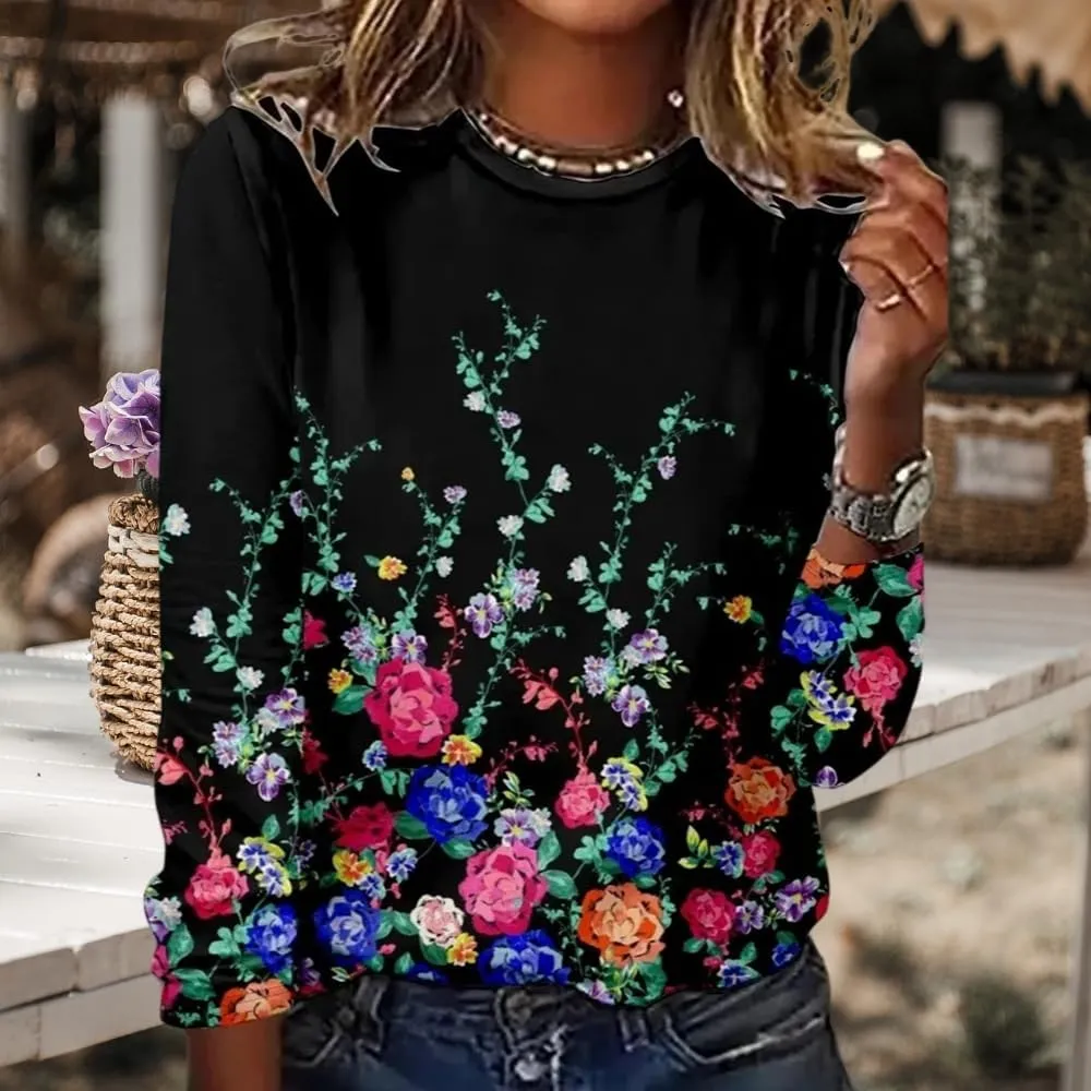 Akivide Women's Oversized Flower Graphic Crewneck Sweatshirt Fall Winter Casual Loose Floral Printed Long Sleeve Sweatshirts