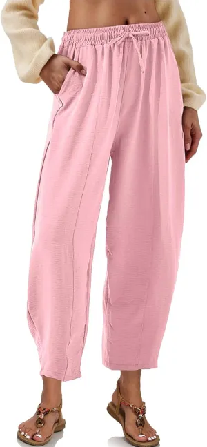 ALSOGO Womens High Waisted Baggy Pants Casual Ankle Length Pants Palazzo Trousers Slacks with Pockets Summer