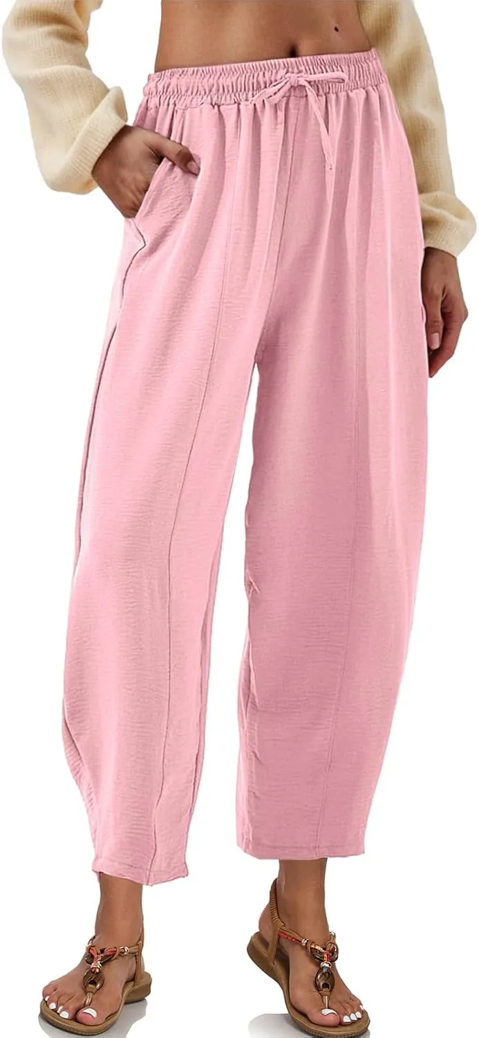 ALSOGO Womens High Waisted Baggy Pants Casual Ankle Length Pants Palazzo Trousers Slacks with Pockets Summer