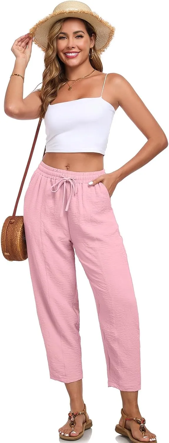 ALSOGO Womens High Waisted Baggy Pants Casual Ankle Length Pants Palazzo Trousers Slacks with Pockets Summer