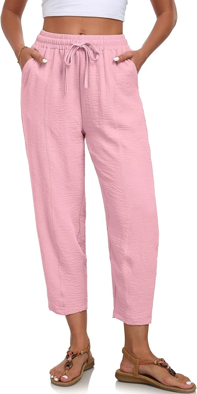 ALSOGO Womens High Waisted Baggy Pants Casual Ankle Length Pants Palazzo Trousers Slacks with Pockets Summer