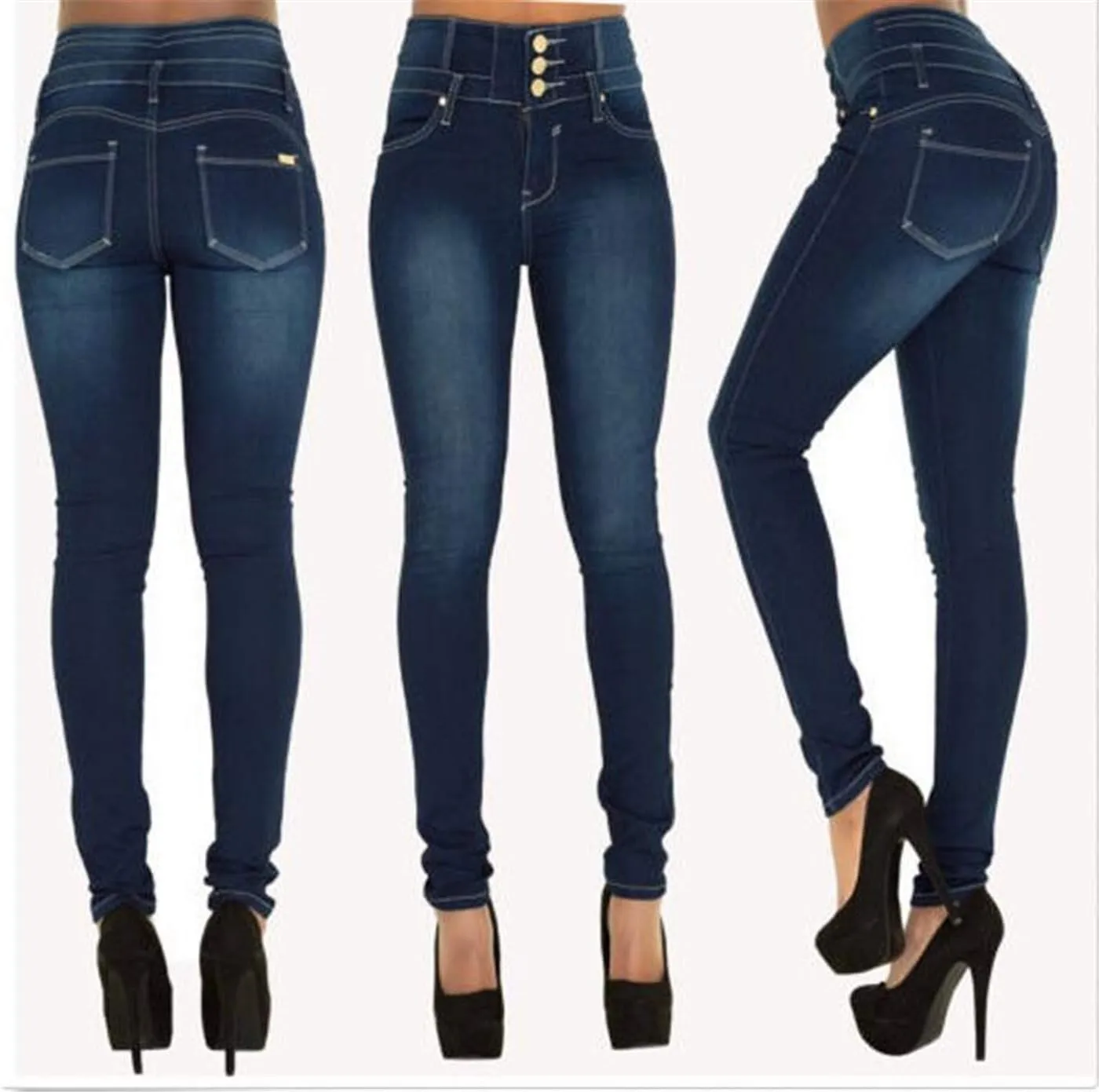 Andongnywell Womens Skinny Jeans with Button Solid Color Casual High Waist Denim Pants with Pockets Jean Trousers