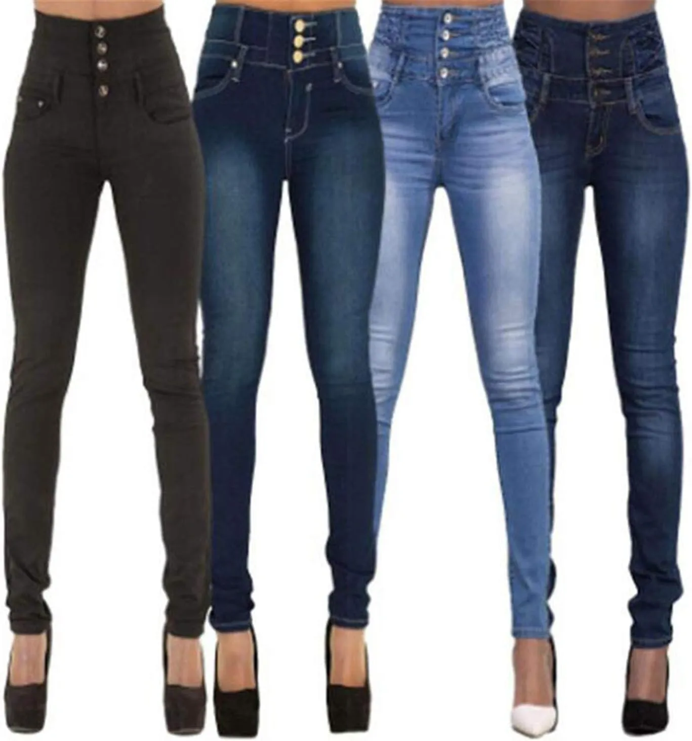 Andongnywell Womens Skinny Jeans with Button Solid Color Casual High Waist Denim Pants with Pockets Jean Trousers