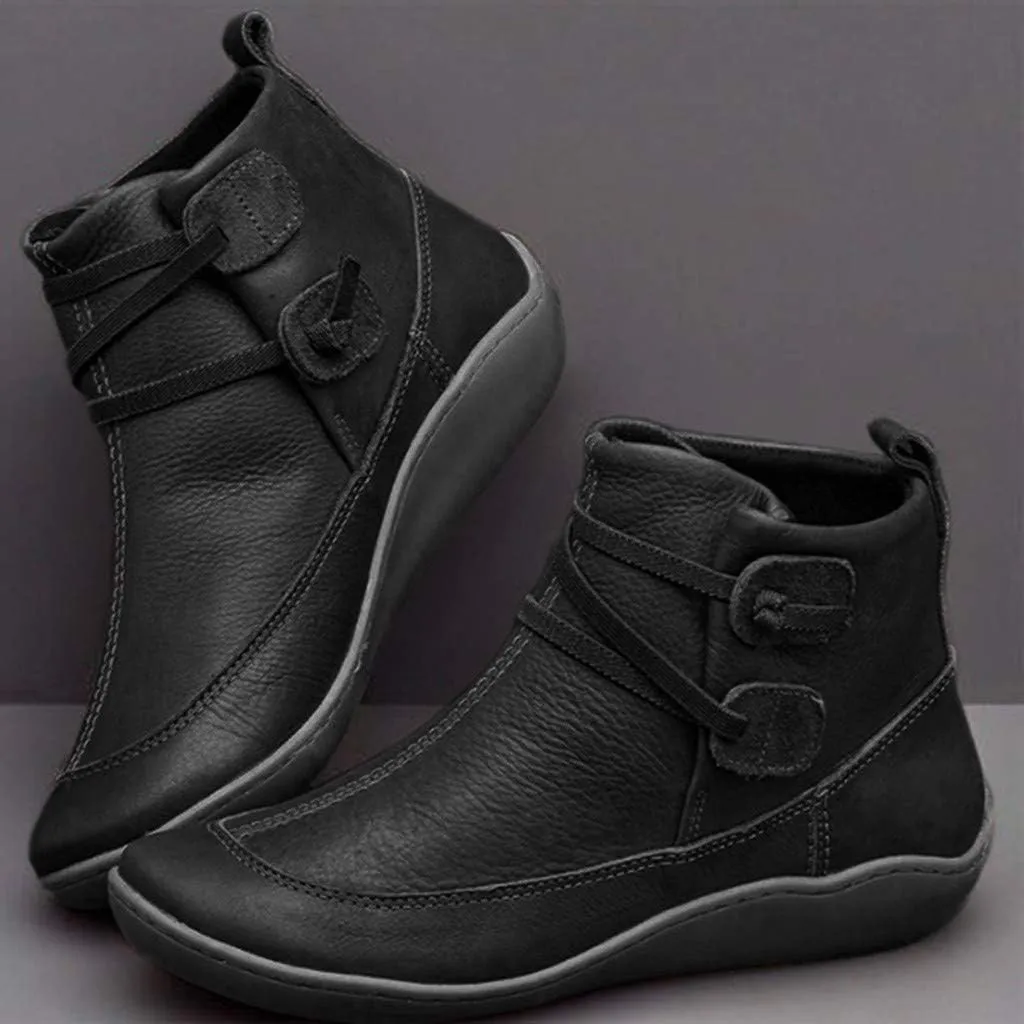 Ankle Boots for Women No Heel New Arch Support Boots Side Zipper Vintage Leather Damping Shoes Flat Heel Booties