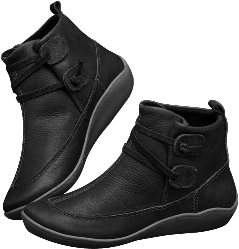 Ankle Boots for Women No Heel New Arch Support Boots Side Zipper Vintage Leather Damping Shoes Flat Heel Booties