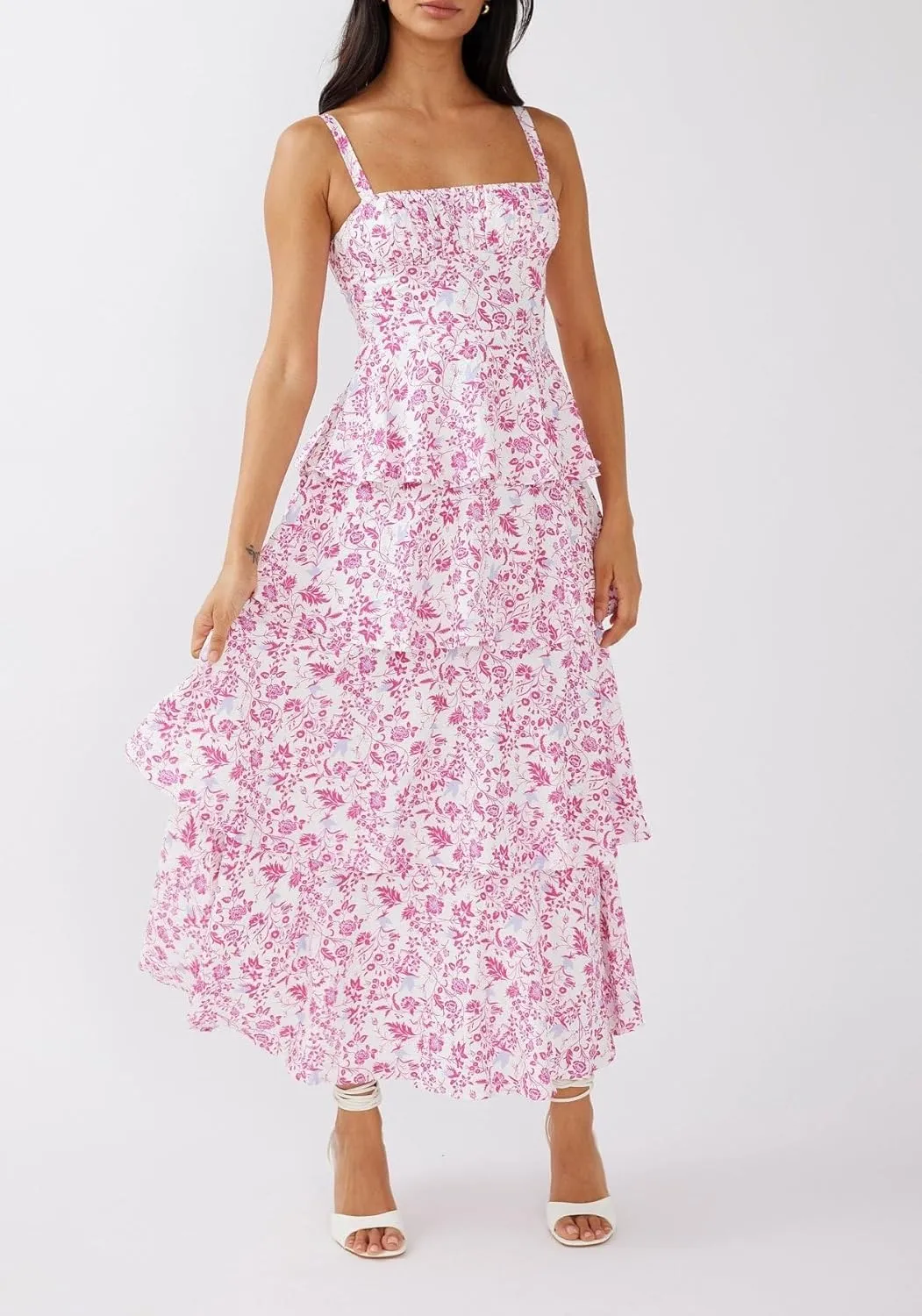 Argeousgor Womens Floral Print Maxi Dresses Tiered Ruffles Long Dress Spaghetti Strap Sleeveless Flowy Layered Sundress
