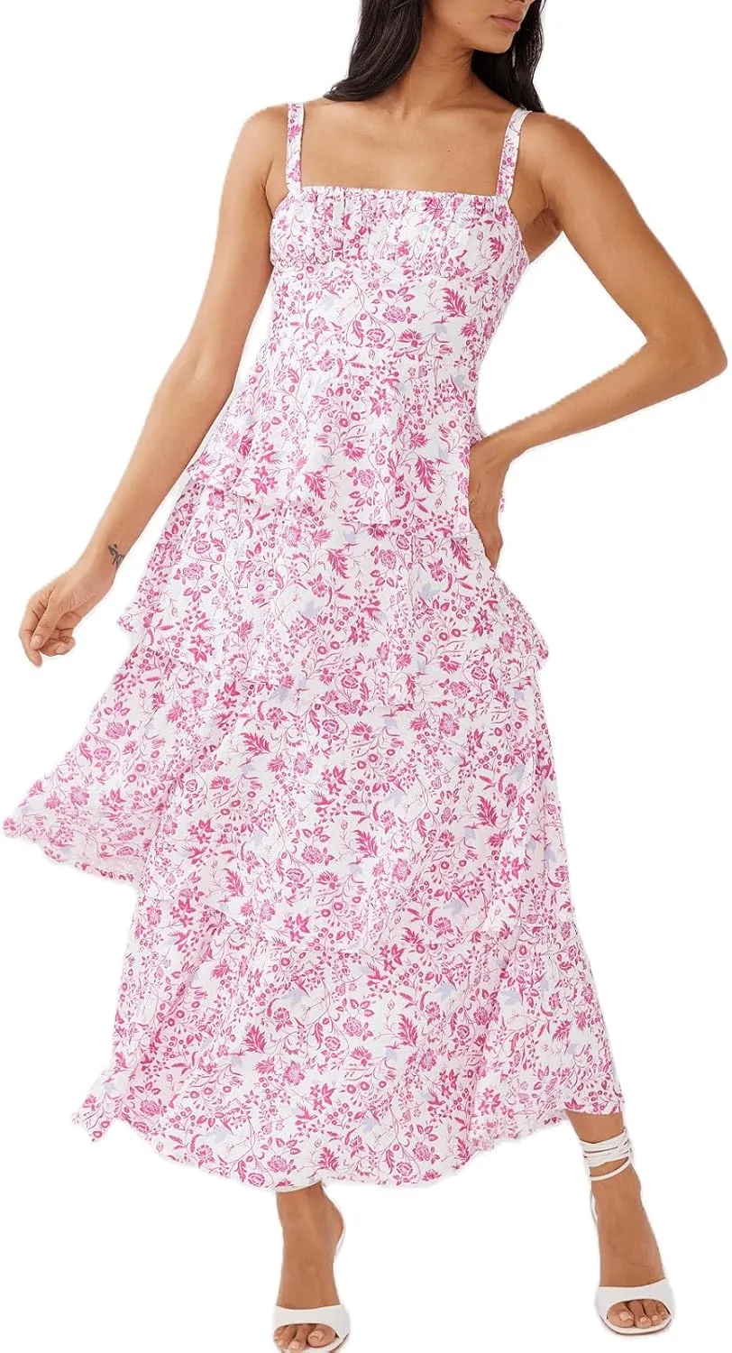 Argeousgor Womens Floral Print Maxi Dresses Tiered Ruffles Long Dress Spaghetti Strap Sleeveless Flowy Layered Sundress