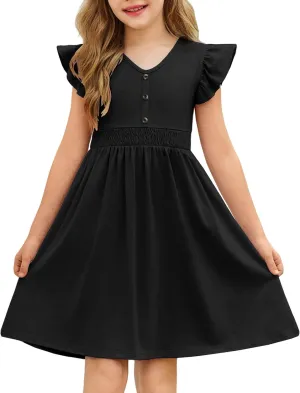 Arshiner Girls Dresses Ruffle Sleeve A-Line V-Neck Sundress Summer Swing Midi Dress with Pockets