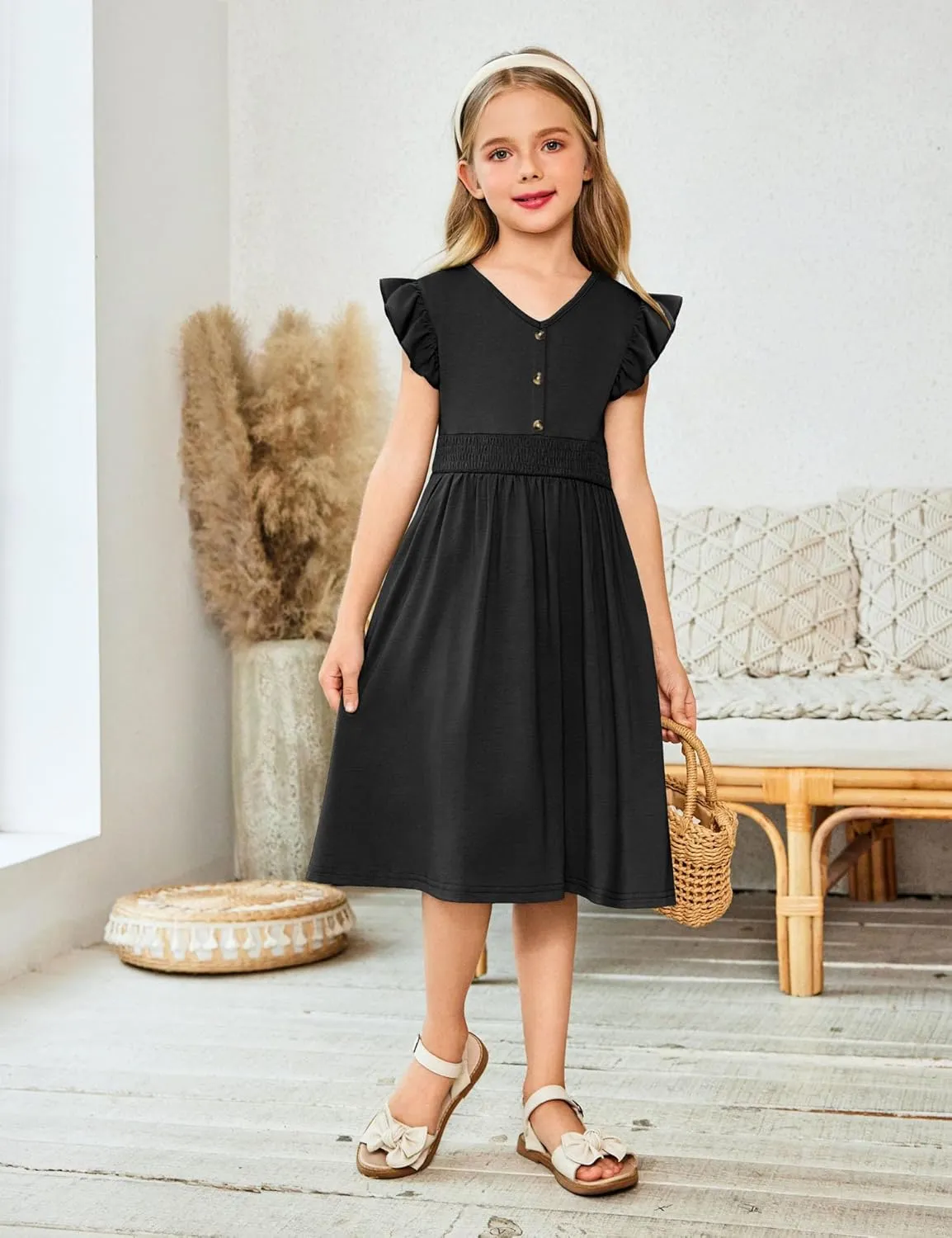 Arshiner Girls Dresses Ruffle Sleeve A-Line V-Neck Sundress Summer Swing Midi Dress with Pockets