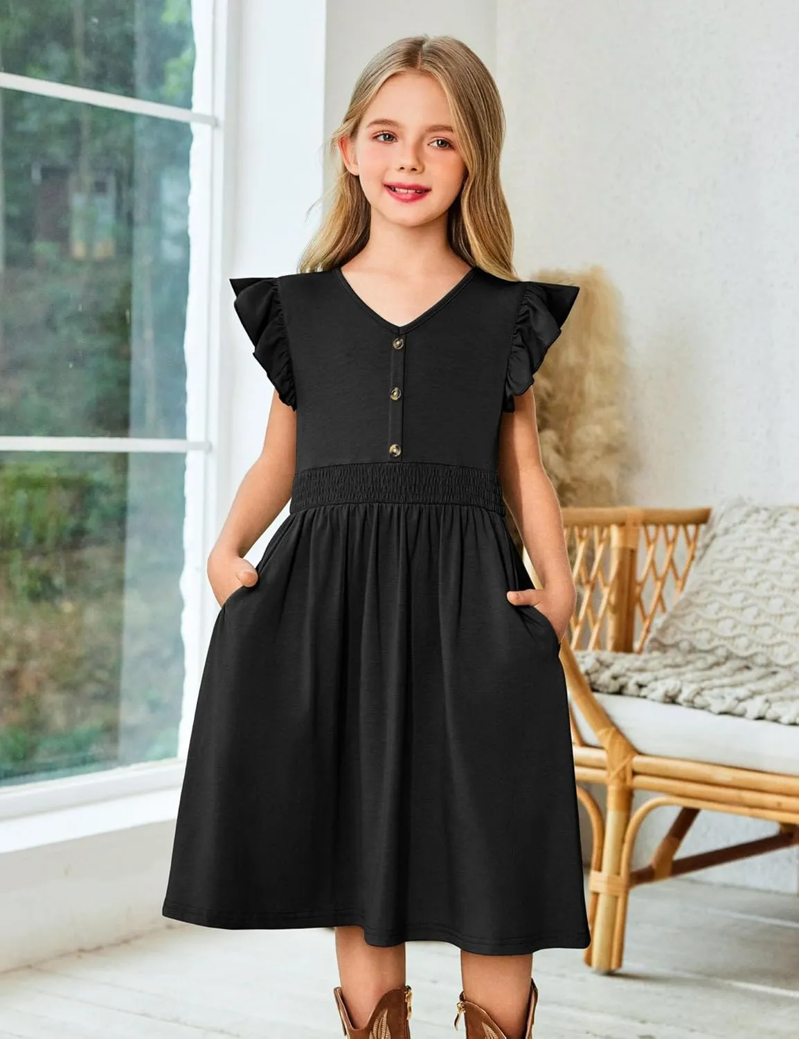 Arshiner Girls Dresses Ruffle Sleeve A-Line V-Neck Sundress Summer Swing Midi Dress with Pockets