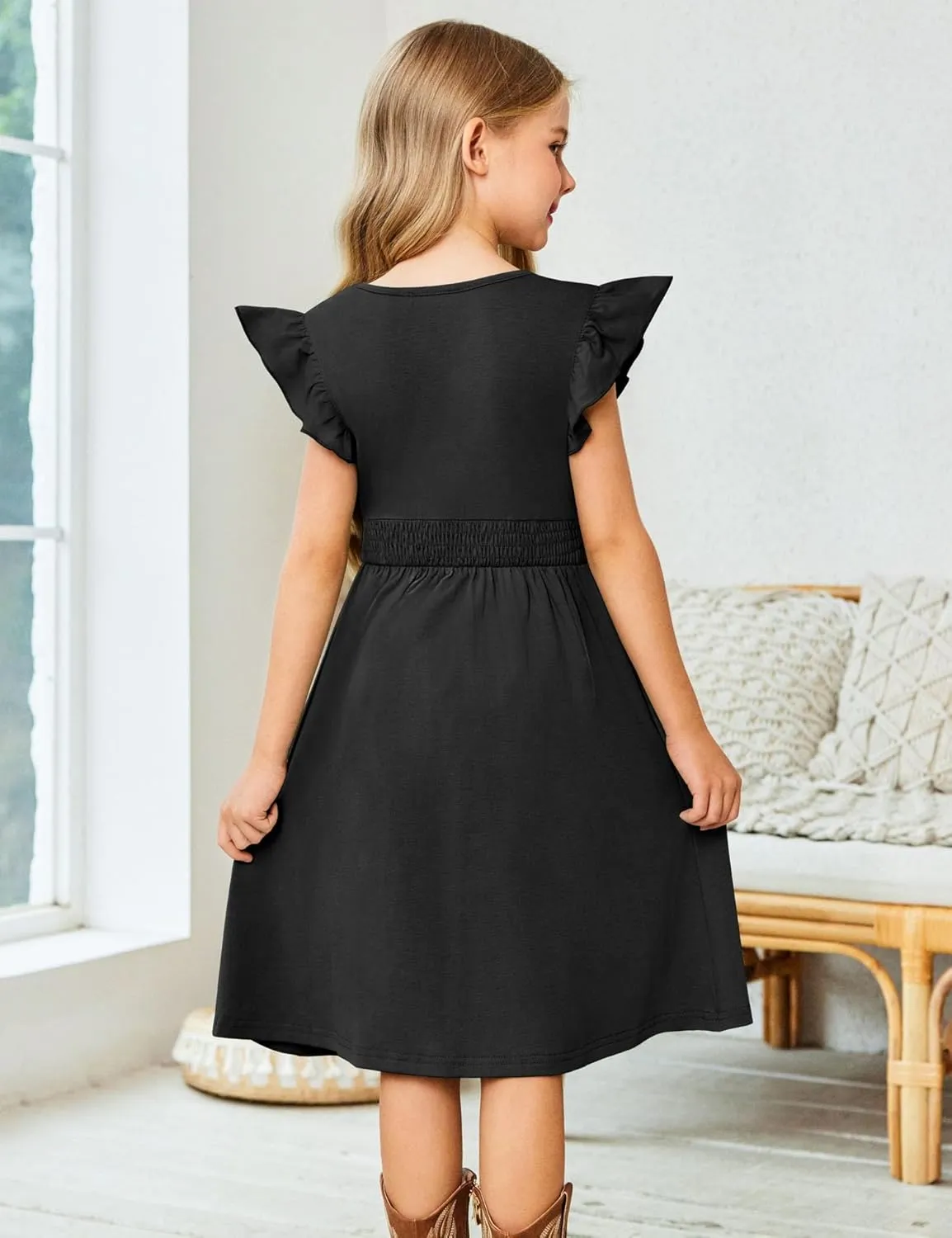 Arshiner Girls Dresses Ruffle Sleeve A-Line V-Neck Sundress Summer Swing Midi Dress with Pockets