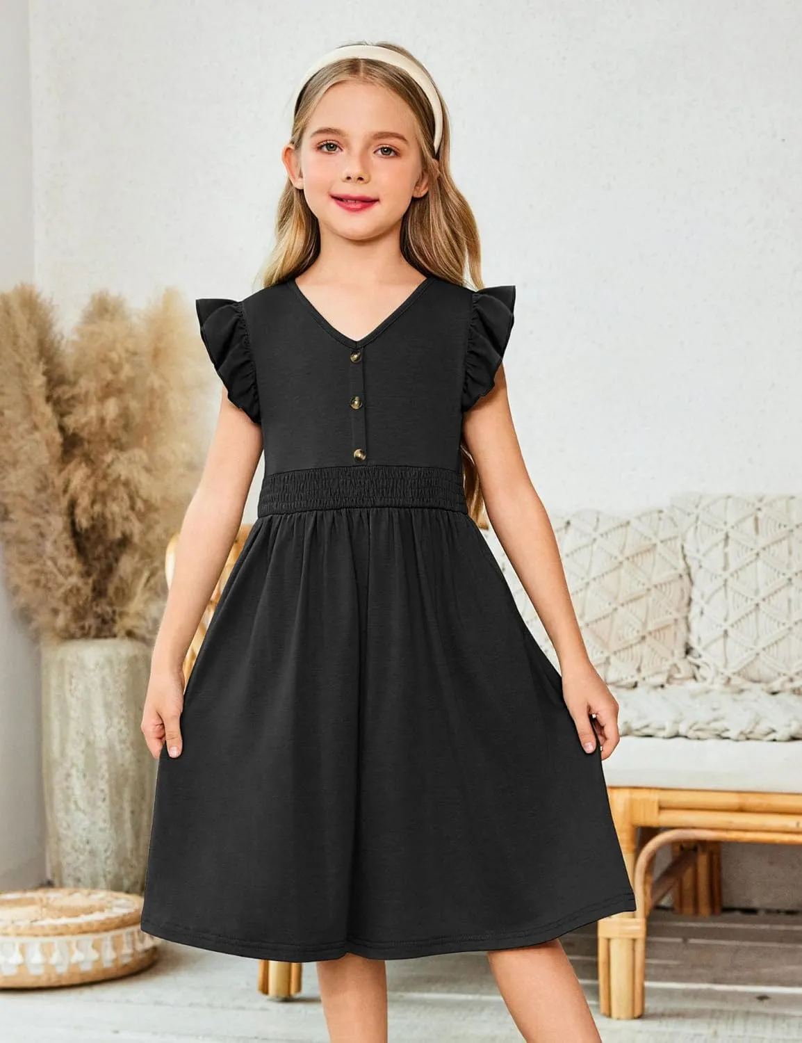 Arshiner Girls Dresses Ruffle Sleeve A-Line V-Neck Sundress Summer Swing Midi Dress with Pockets