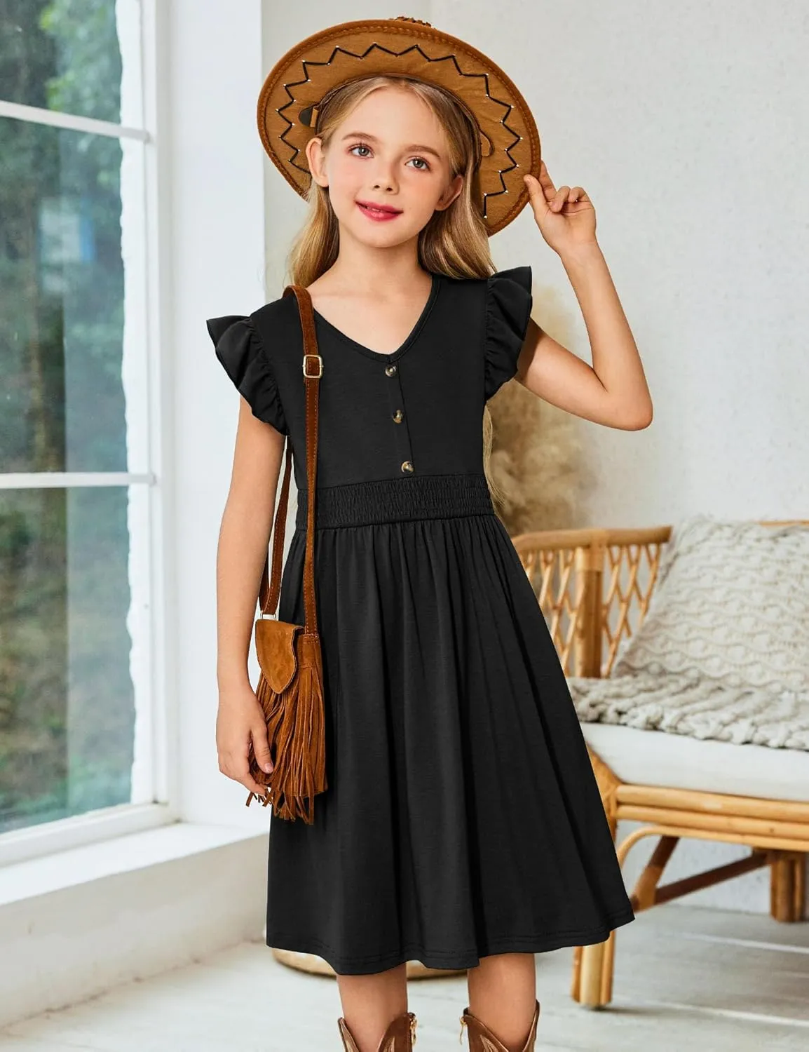 Arshiner Girls Dresses Ruffle Sleeve A-Line V-Neck Sundress Summer Swing Midi Dress with Pockets