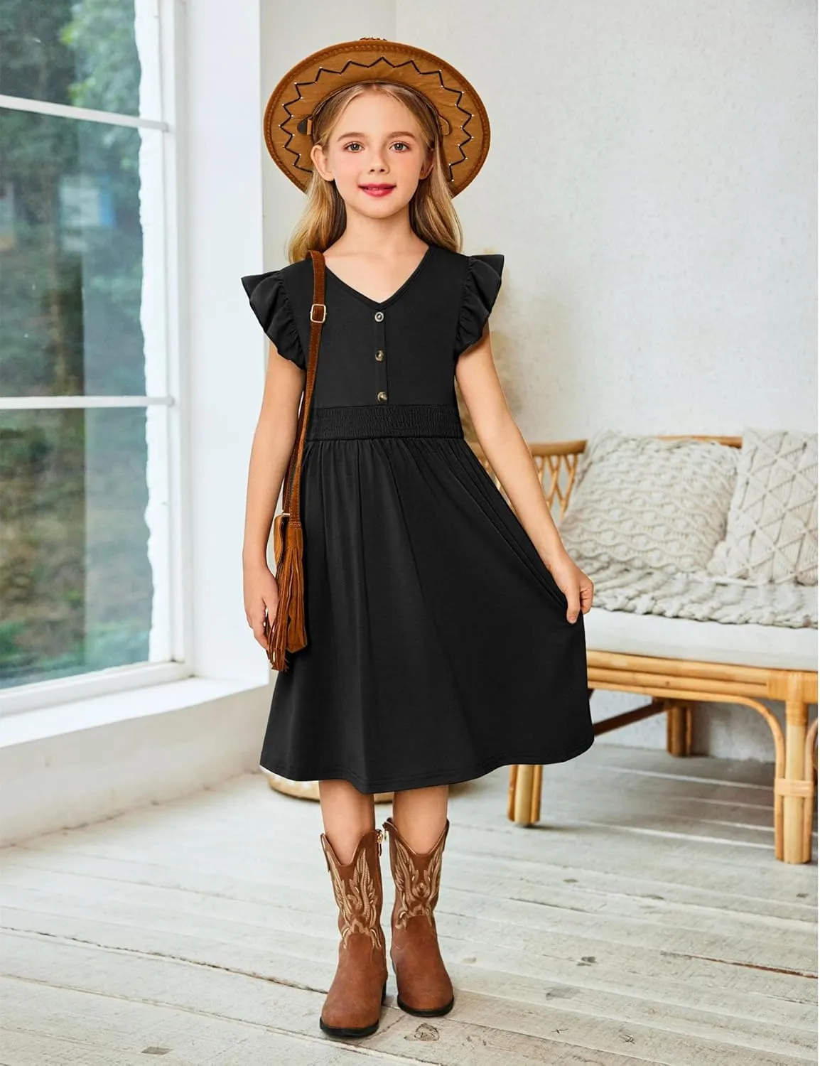 Arshiner Girls Dresses Ruffle Sleeve A-Line V-Neck Sundress Summer Swing Midi Dress with Pockets