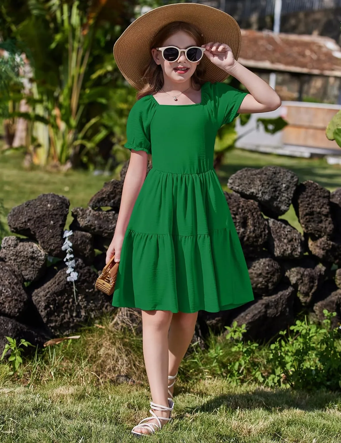 Arshiner Girls Summer Dress Tie Back Short Sleeve Square Neck Tiered Midi Casual Dresses with Pockets