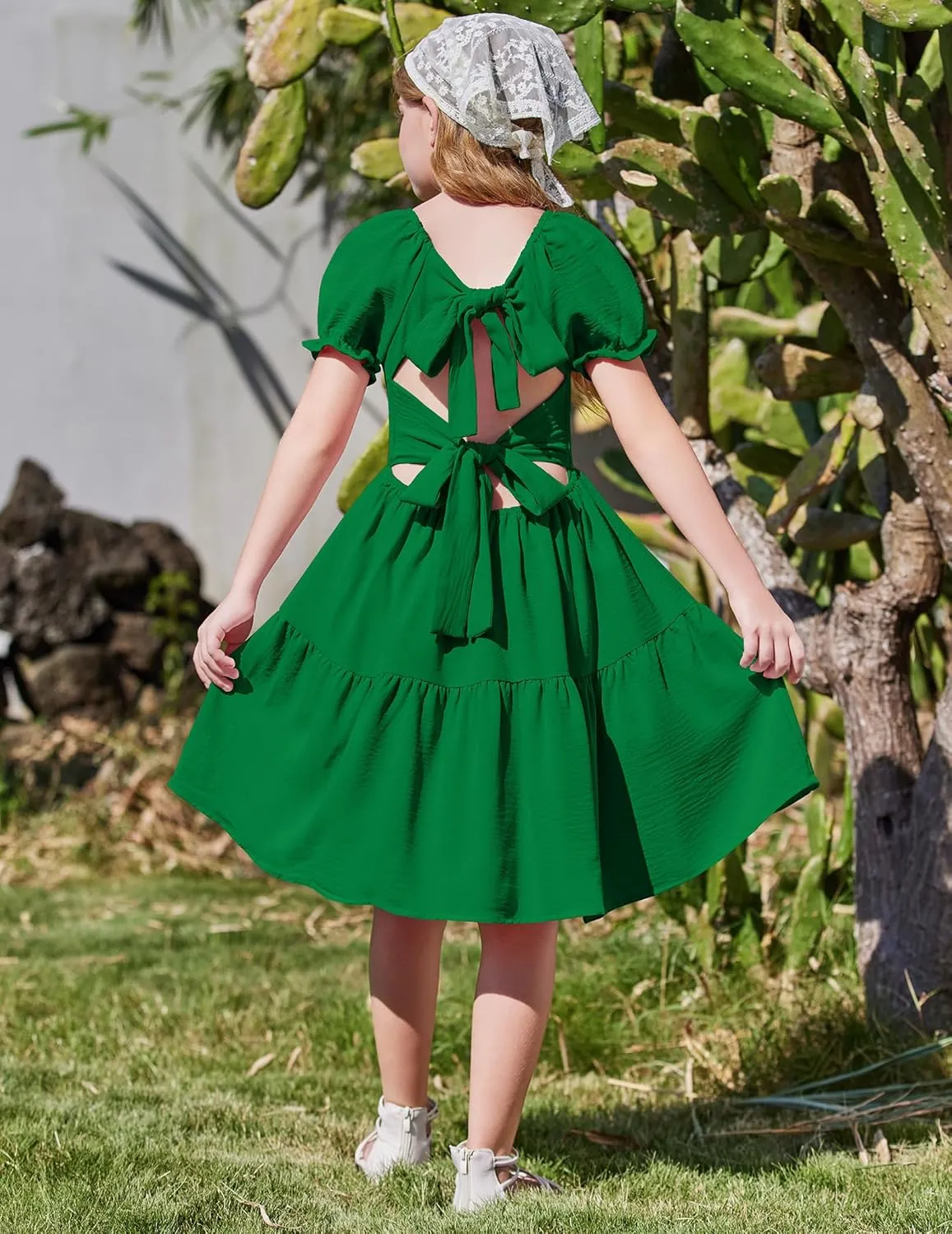 Arshiner Girls Summer Dress Tie Back Short Sleeve Square Neck Tiered Midi Casual Dresses with Pockets