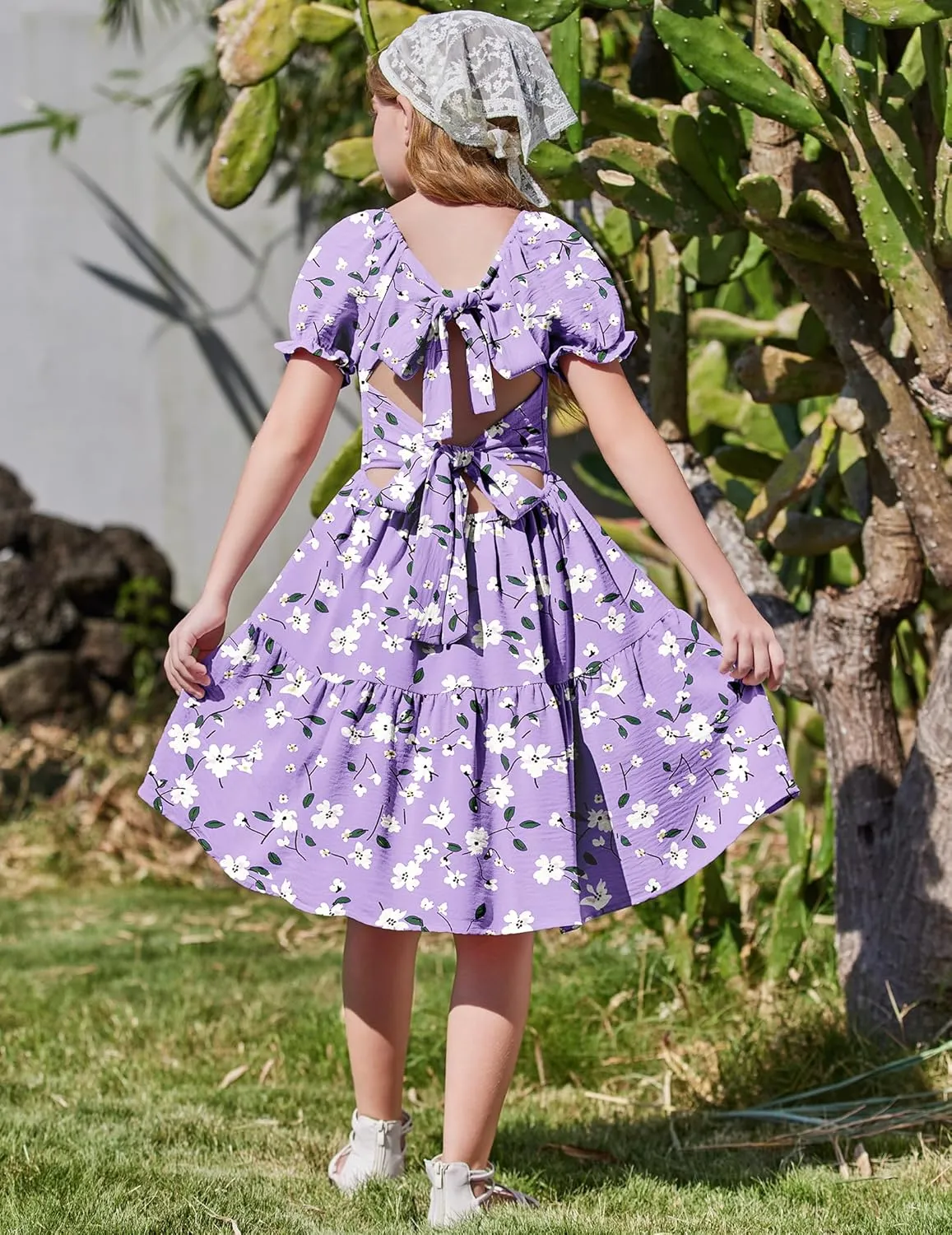 Arshiner Girls Summer Dress Tie Back Short Sleeve Square Neck Tiered Midi Casual Dresses with Pockets