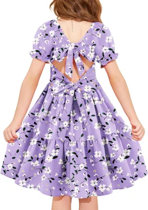 Arshiner Girls Summer Dress Tie Back Short Sleeve Square Neck Tiered Midi Casual Dresses with Pockets