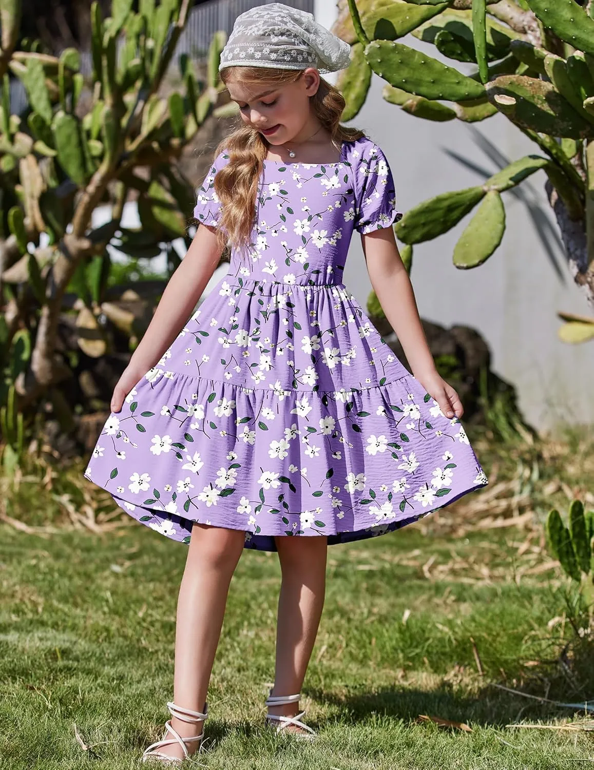 Arshiner Girls Summer Dress Tie Back Short Sleeve Square Neck Tiered Midi Casual Dresses with Pockets
