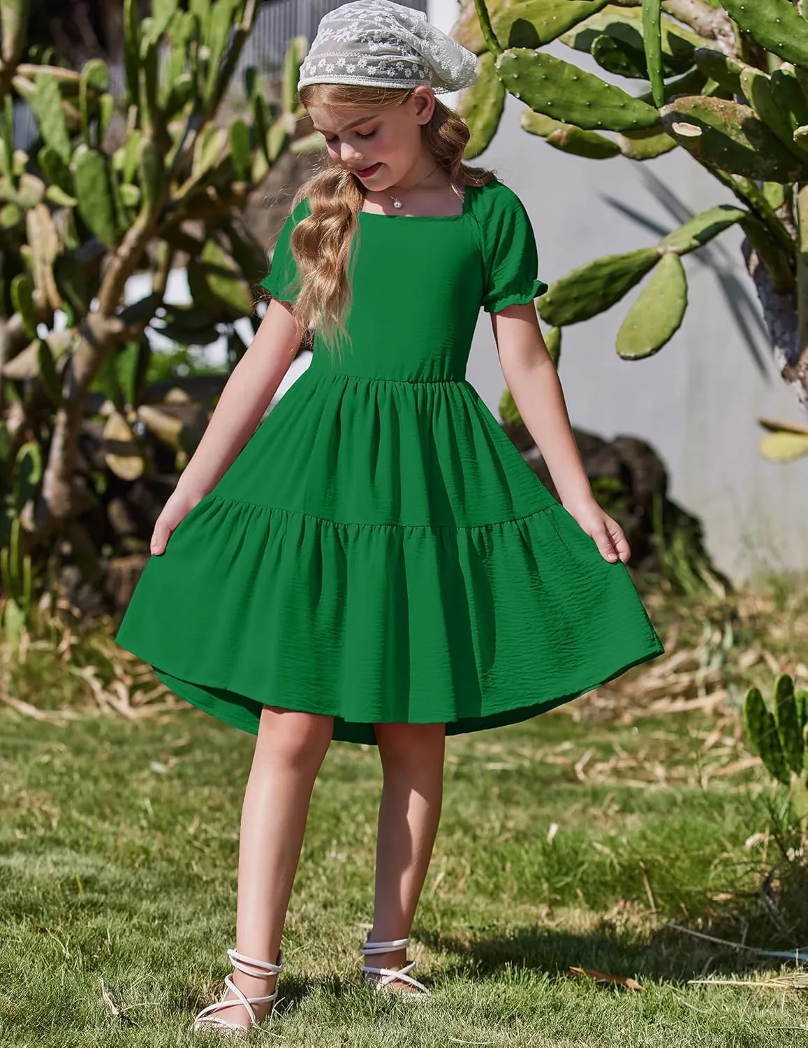 Arshiner Girls Summer Dress Tie Back Short Sleeve Square Neck Tiered Midi Casual Dresses with Pockets