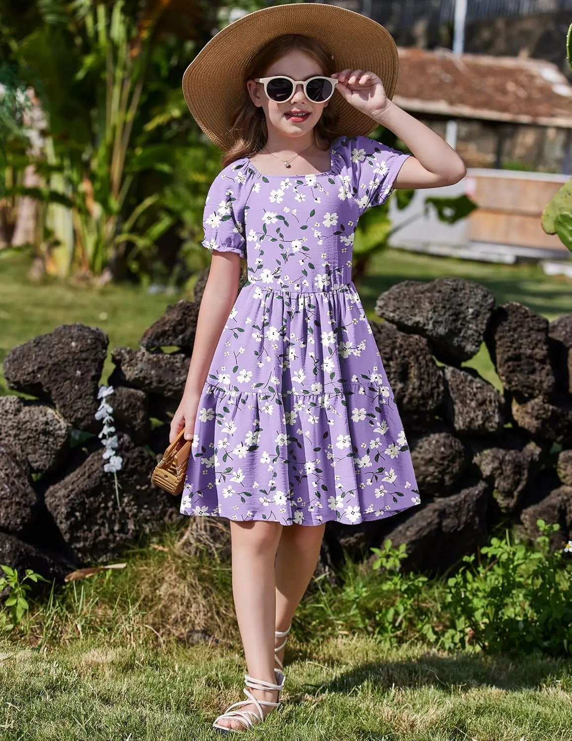 Arshiner Girls Summer Dress Tie Back Short Sleeve Square Neck Tiered Midi Casual Dresses with Pockets