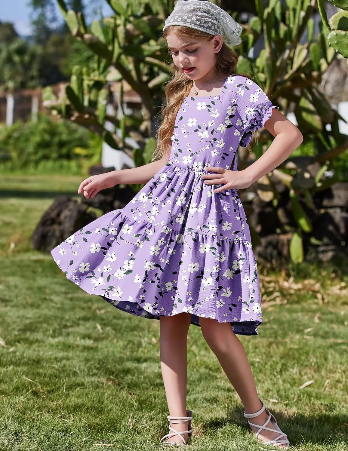 Arshiner Girls Summer Dress Tie Back Short Sleeve Square Neck Tiered Midi Casual Dresses with Pockets
