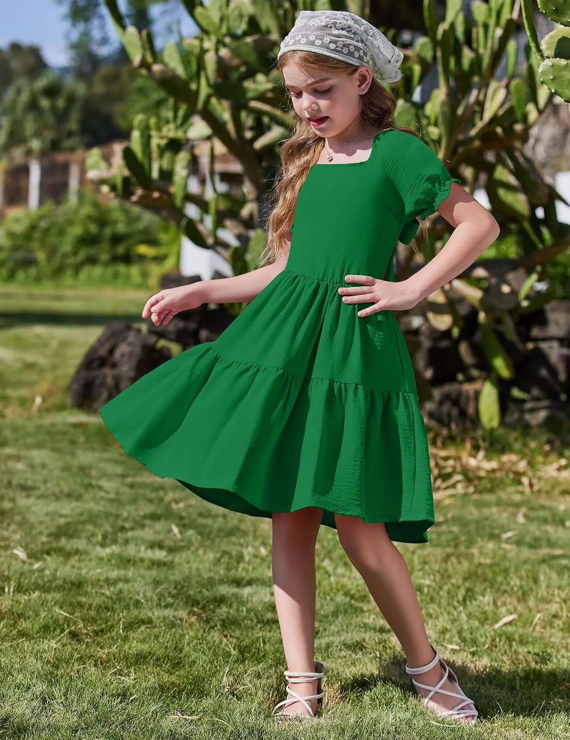 Arshiner Girls Summer Dress Tie Back Short Sleeve Square Neck Tiered Midi Casual Dresses with Pockets