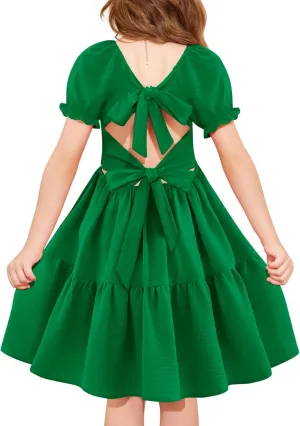 Arshiner Girls Summer Dress Tie Back Short Sleeve Square Neck Tiered Midi Casual Dresses with Pockets