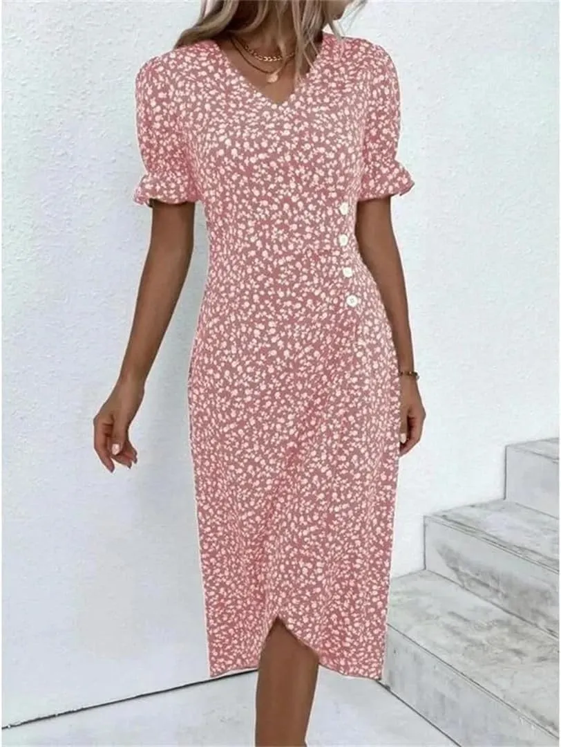 Autumn Floral Bodycon Midi Dress for Women V Neck Long Sleeve Ruched Slim Fit Dresses Sexy Dresses