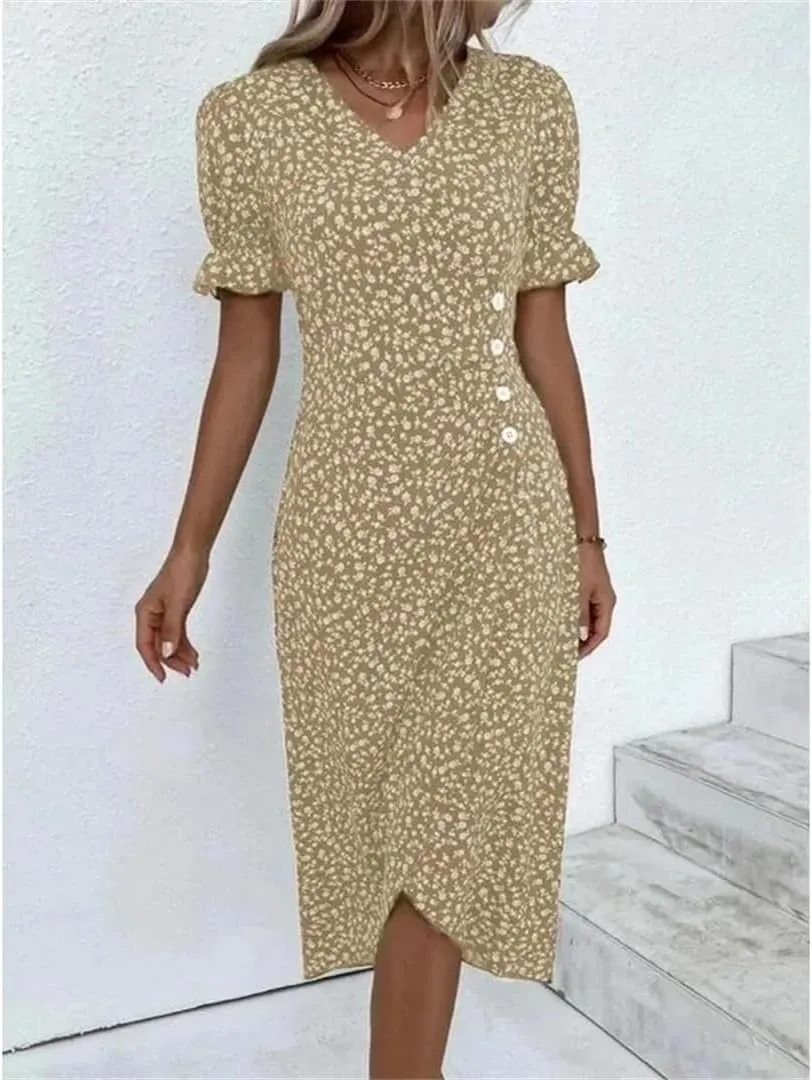 Autumn Floral Bodycon Midi Dress for Women V Neck Long Sleeve Ruched Slim Fit Dresses Sexy Dresses