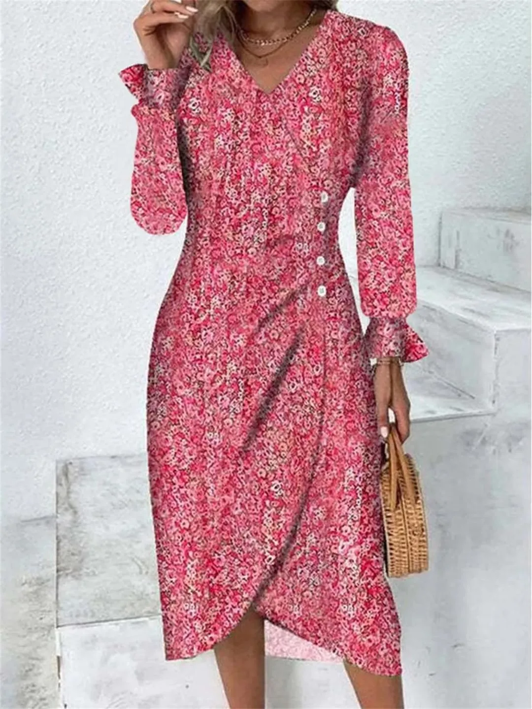 Autumn Floral Bodycon Midi Dress for Women V Neck Long Sleeve Ruched Slim Fit Dresses Sexy Dresses