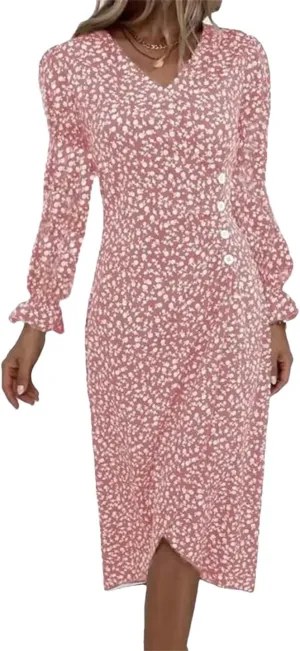 Autumn Floral Bodycon Midi Dress for Women V Neck Long Sleeve Ruched Slim Fit Dresses Sexy Dresses