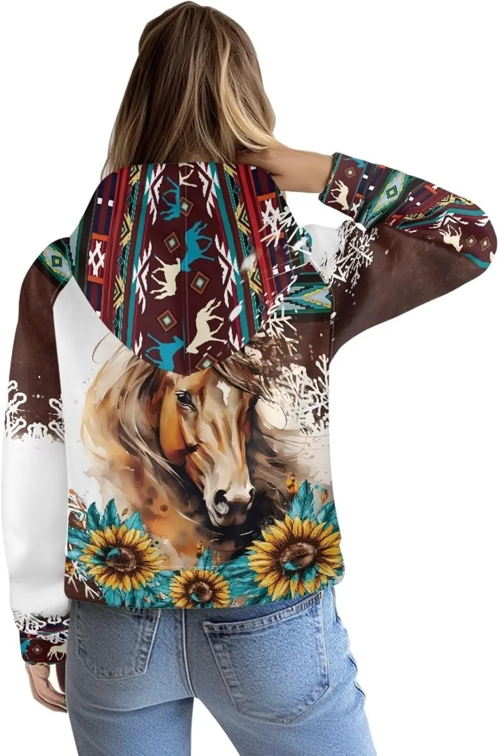 Aztec Cowboy Hoodie Vintage Graphic Western Hoodies for Women Casual Long Sleeve Half Zip Pullover with Pocket