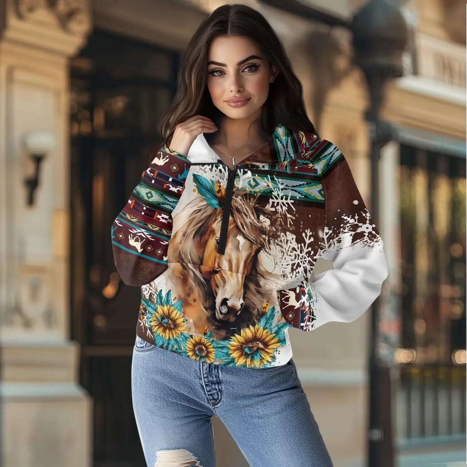 Aztec Cowboy Hoodie Vintage Graphic Western Hoodies for Women Casual Long Sleeve Half Zip Pullover with Pocket