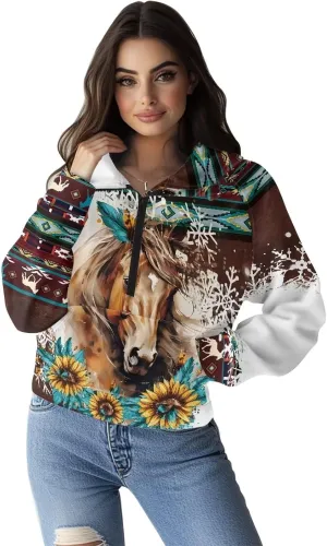 Aztec Cowboy Hoodie Vintage Graphic Western Hoodies for Women Casual Long Sleeve Half Zip Pullover with Pocket