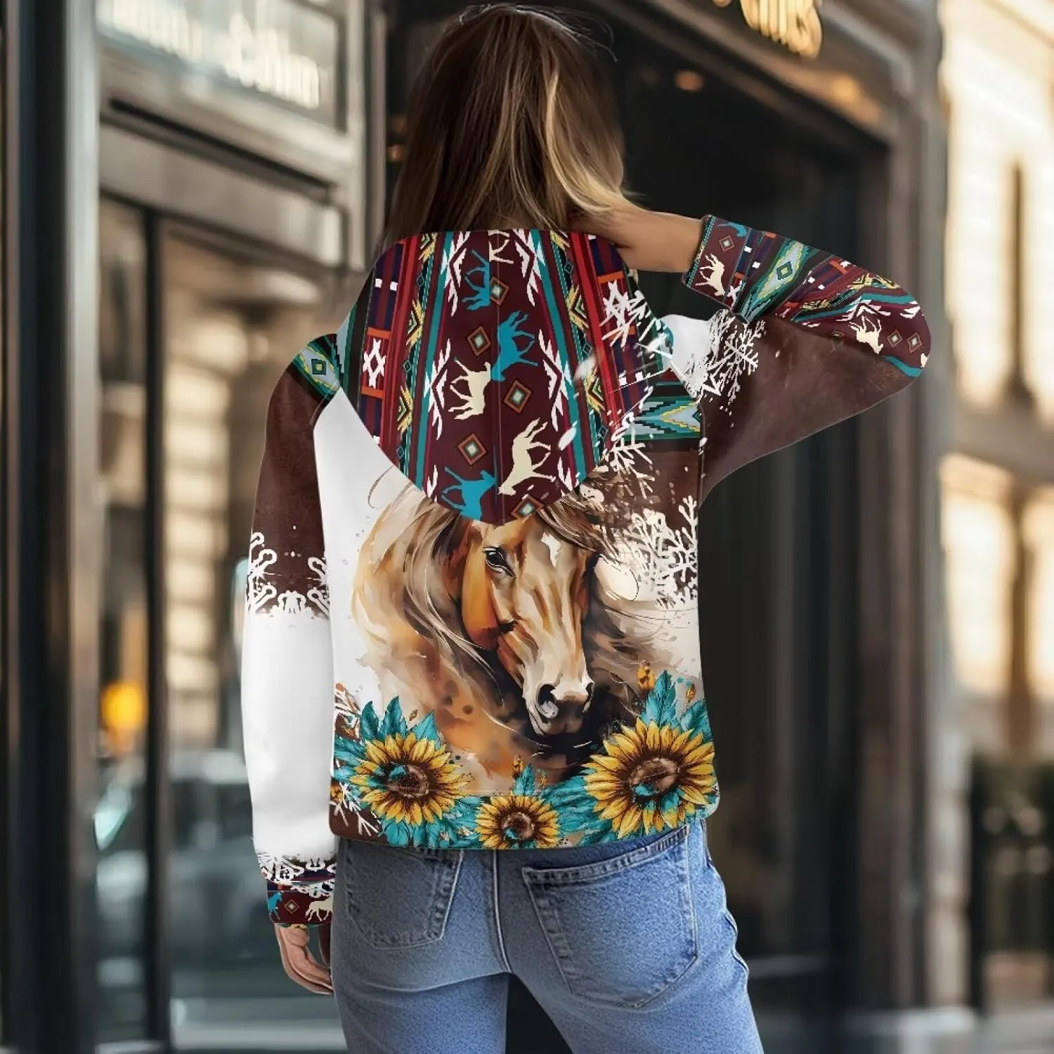 Aztec Cowboy Hoodie Vintage Graphic Western Hoodies for Women Casual Long Sleeve Half Zip Pullover with Pocket