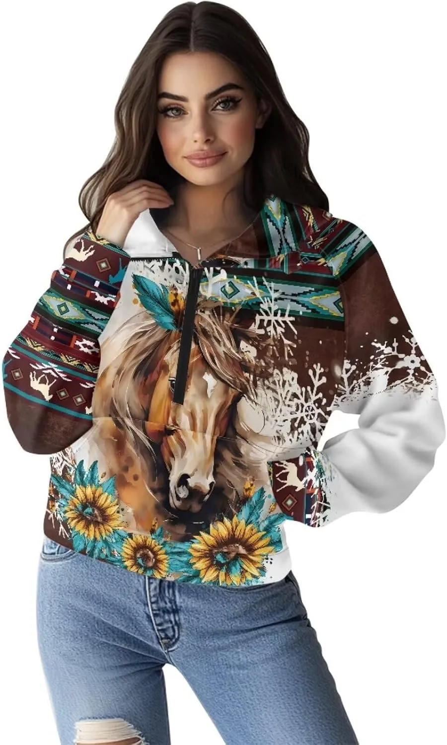 Aztec Cowboy Hoodie Vintage Graphic Western Hoodies for Women Casual Long Sleeve Half Zip Pullover with Pocket