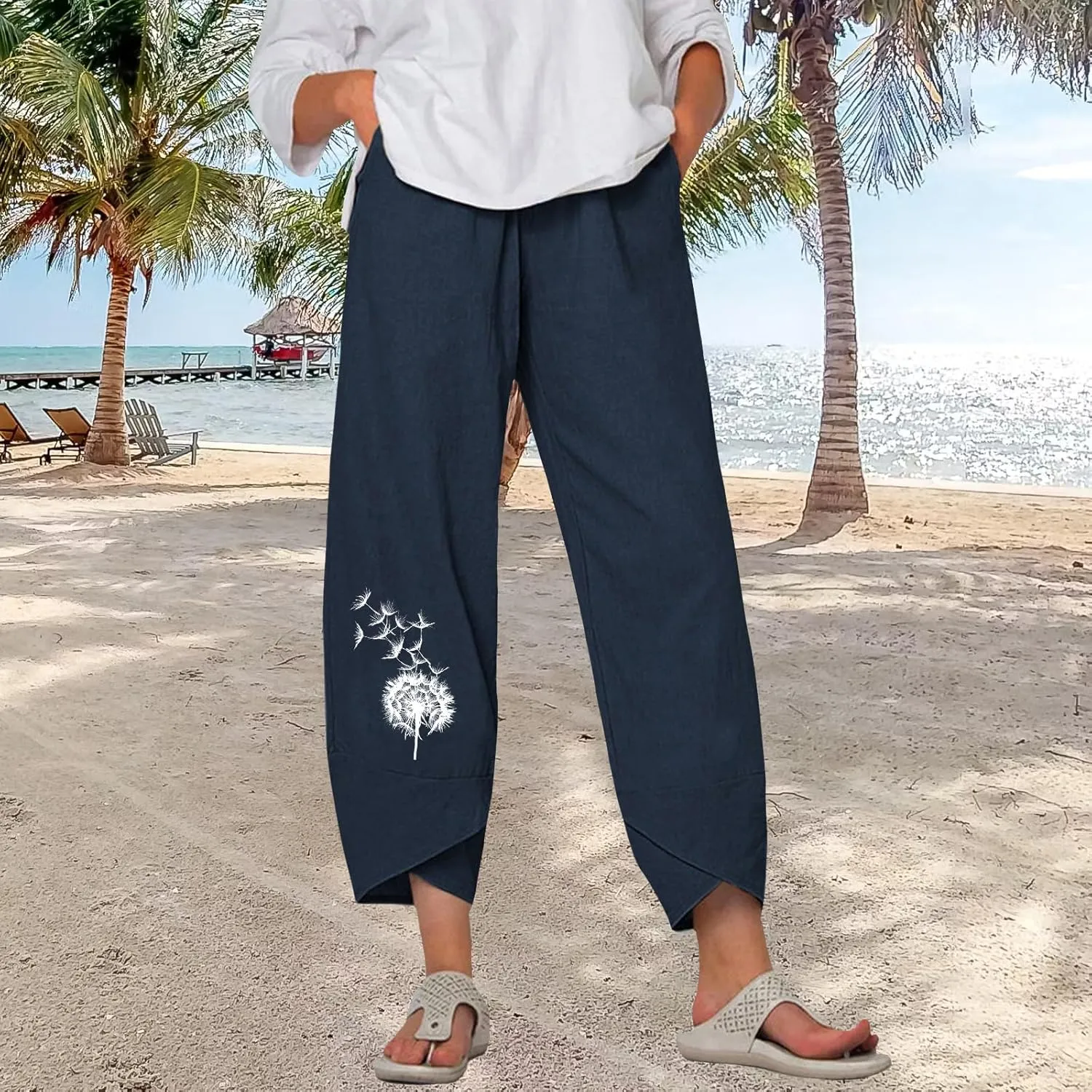 Bengbobar Linen Capris for Women Wide Leg Sweatpants Casual Petite Linen Pants Baggy Palazzo Cropped Summer Beach Trousers