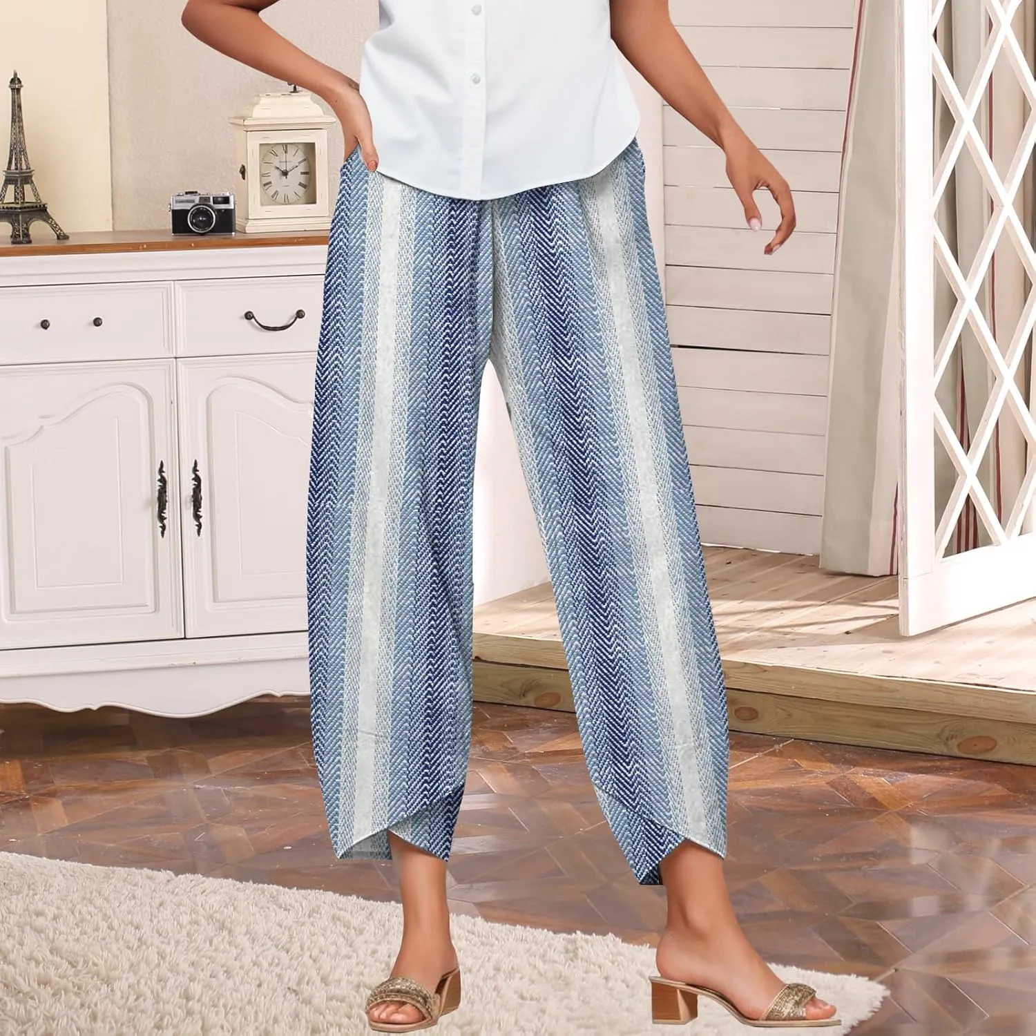 Bengbobar Linen Capris for Women Wide Leg Sweatpants Casual Petite Stripe Pants Baggy Palazzo Cropped Summer Beach Trousers