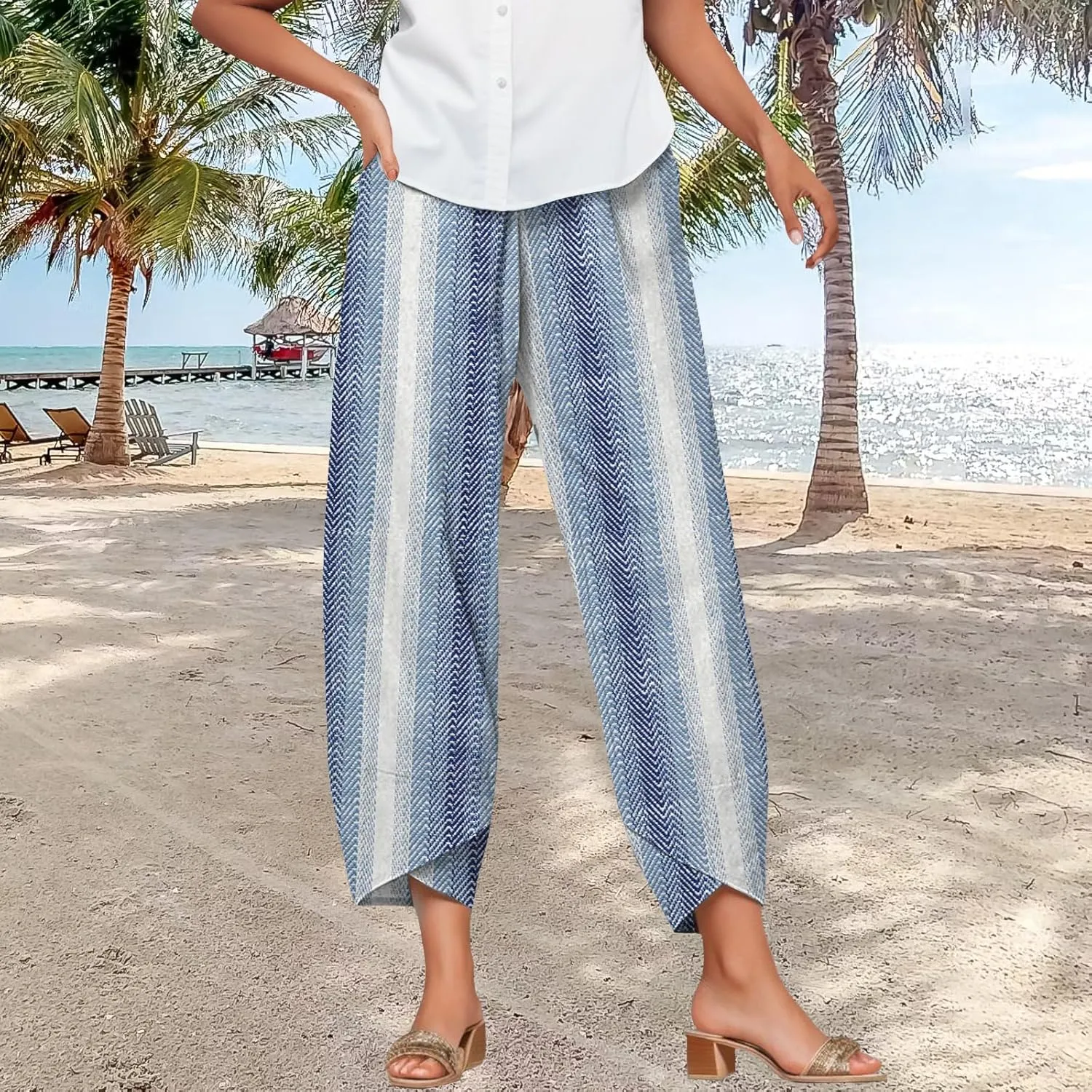 Bengbobar Linen Capris for Women Wide Leg Sweatpants Casual Petite Stripe Pants Baggy Palazzo Cropped Summer Beach Trousers