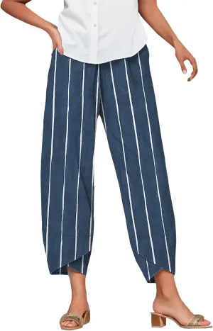 Bengbobar Linen Capris for Women Wide Leg Sweatpants Casual Petite Stripe Pants Baggy Palazzo Cropped Summer Beach Trousers