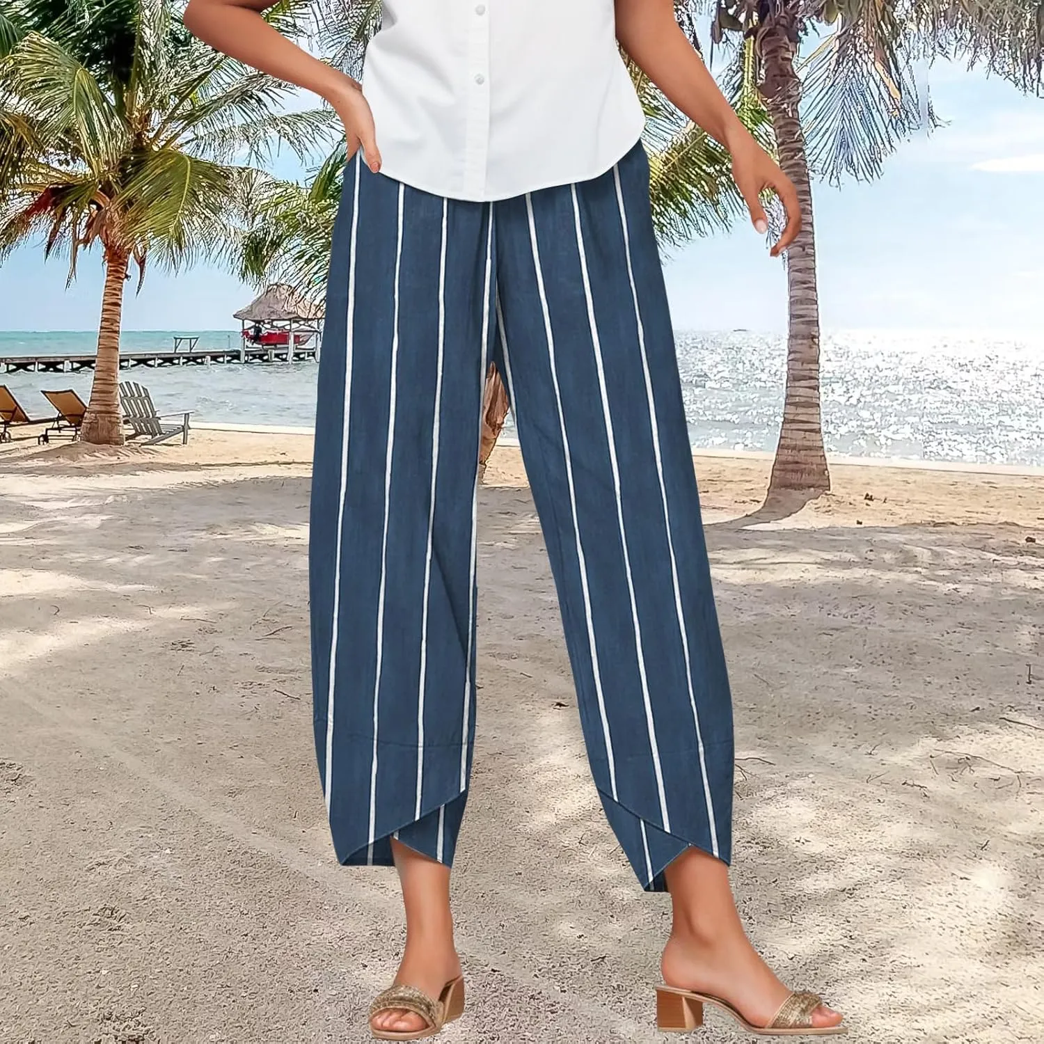 Bengbobar Linen Capris for Women Wide Leg Sweatpants Casual Petite Stripe Pants Baggy Palazzo Cropped Summer Beach Trousers