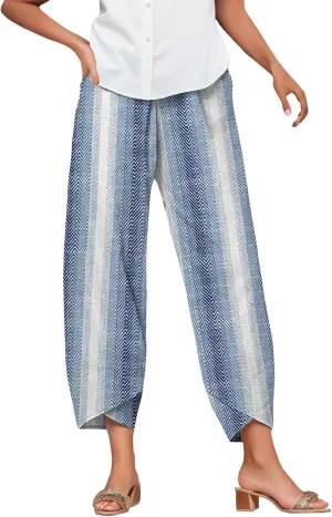 Bengbobar Linen Capris for Women Wide Leg Sweatpants Casual Petite Stripe Pants Baggy Palazzo Cropped Summer Beach Trousers