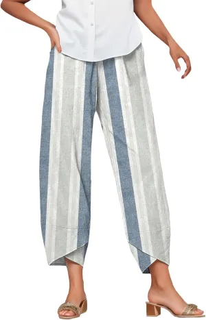 Bengbobar Linen Capris for Women Wide Leg Sweatpants Casual Petite Stripe Pants Baggy Palazzo Cropped Summer Beach Trousers