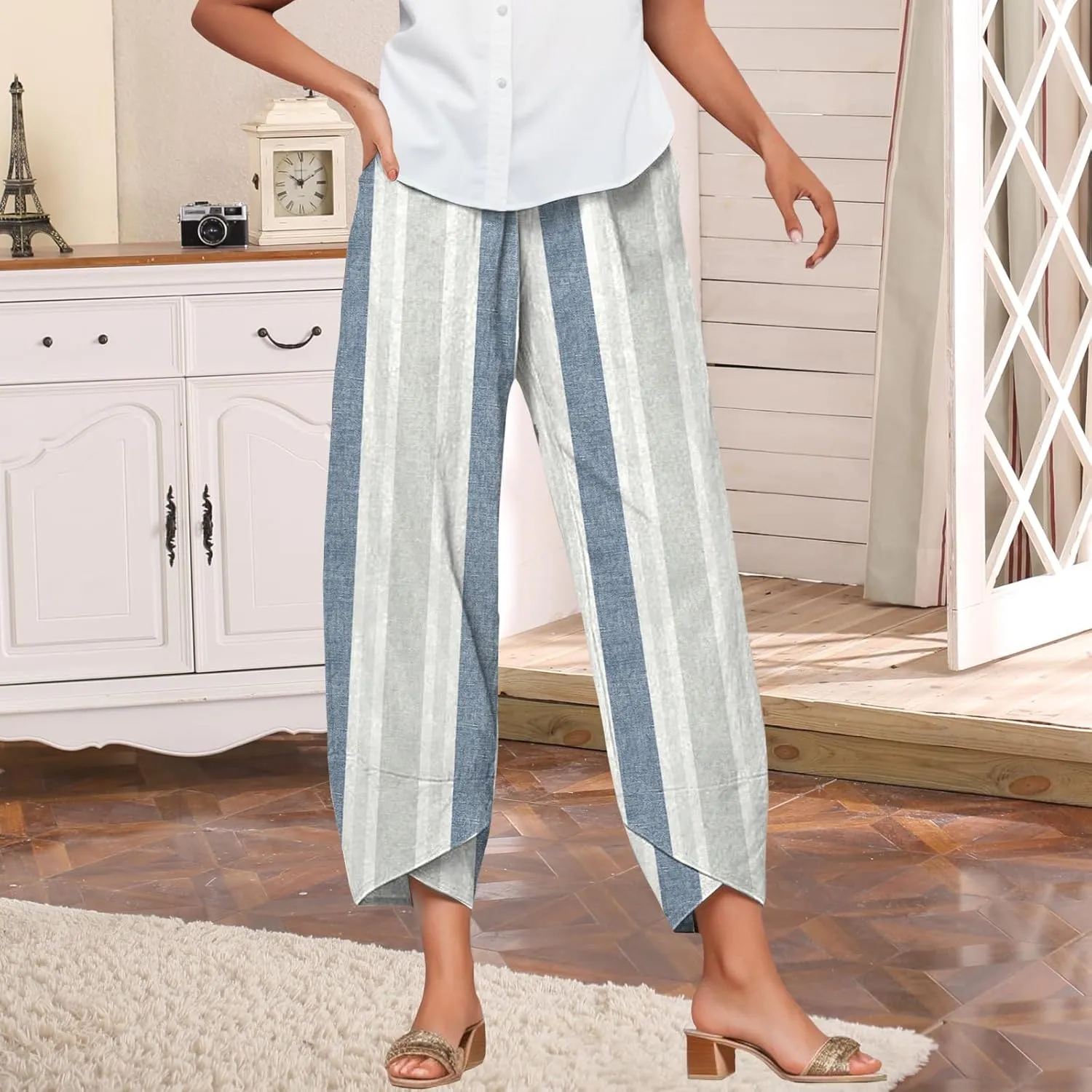 Bengbobar Linen Capris for Women Wide Leg Sweatpants Casual Petite Stripe Pants Baggy Palazzo Cropped Summer Beach Trousers