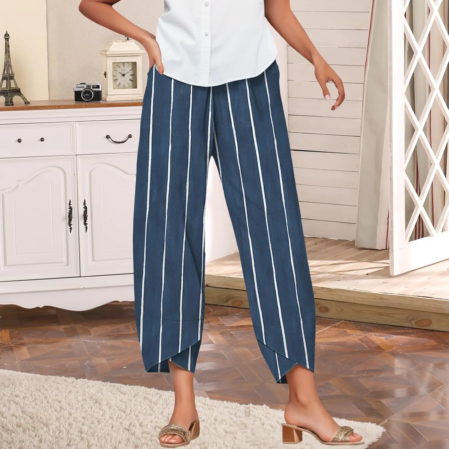 Bengbobar Linen Capris for Women Wide Leg Sweatpants Casual Petite Stripe Pants Baggy Palazzo Cropped Summer Beach Trousers
