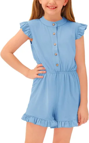 BesserBay Girl's Summer Ruffled Flutter-Sleeve Jumpsuit Button Down Crewneck Romper 5-14 Years