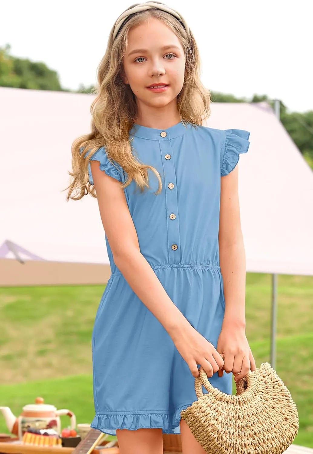 BesserBay Girl's Summer Ruffled Flutter-Sleeve Jumpsuit Button Down Crewneck Romper 5-14 Years