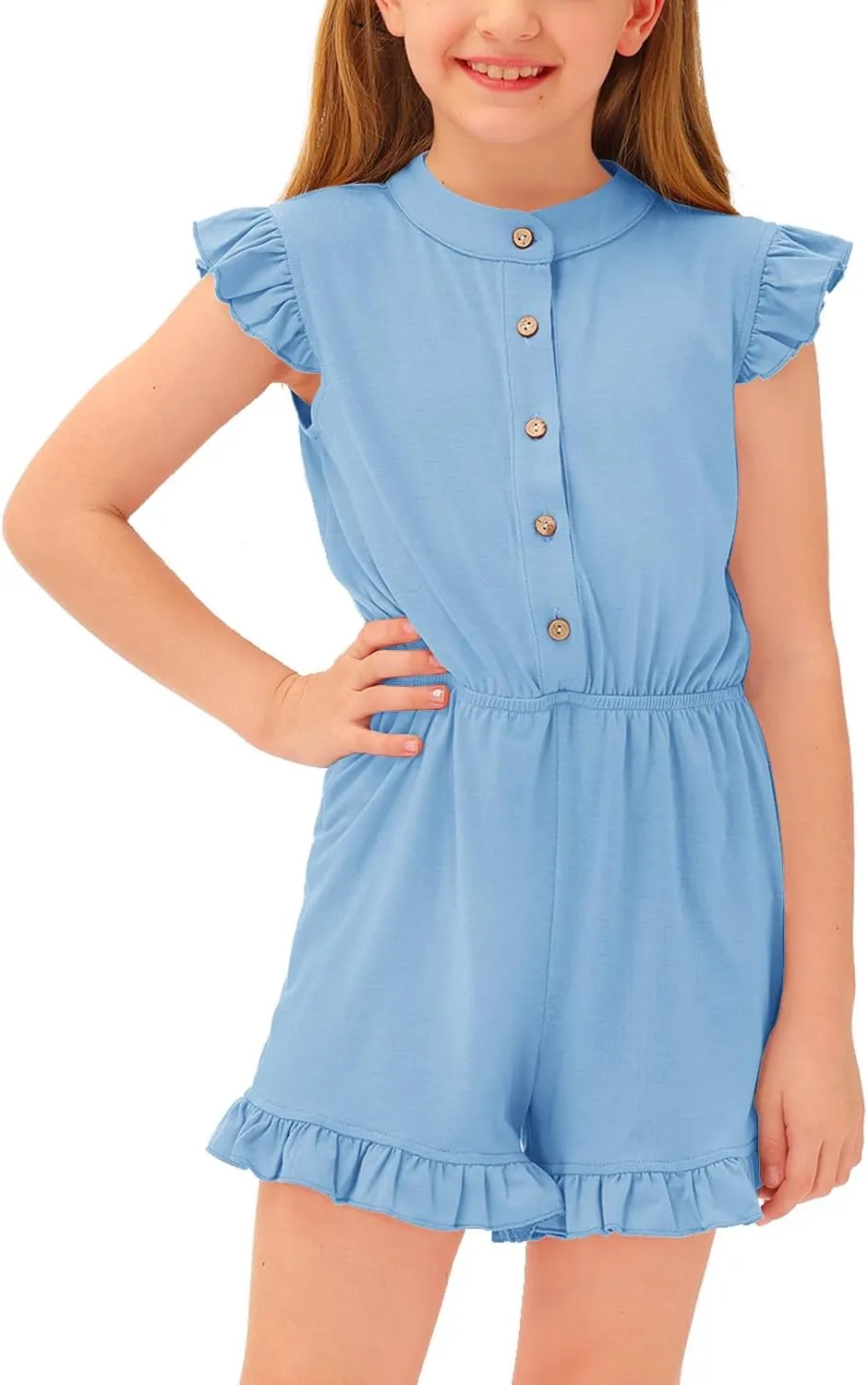 BesserBay Girl's Summer Ruffled Flutter-Sleeve Jumpsuit Button Down Crewneck Romper 5-14 Years