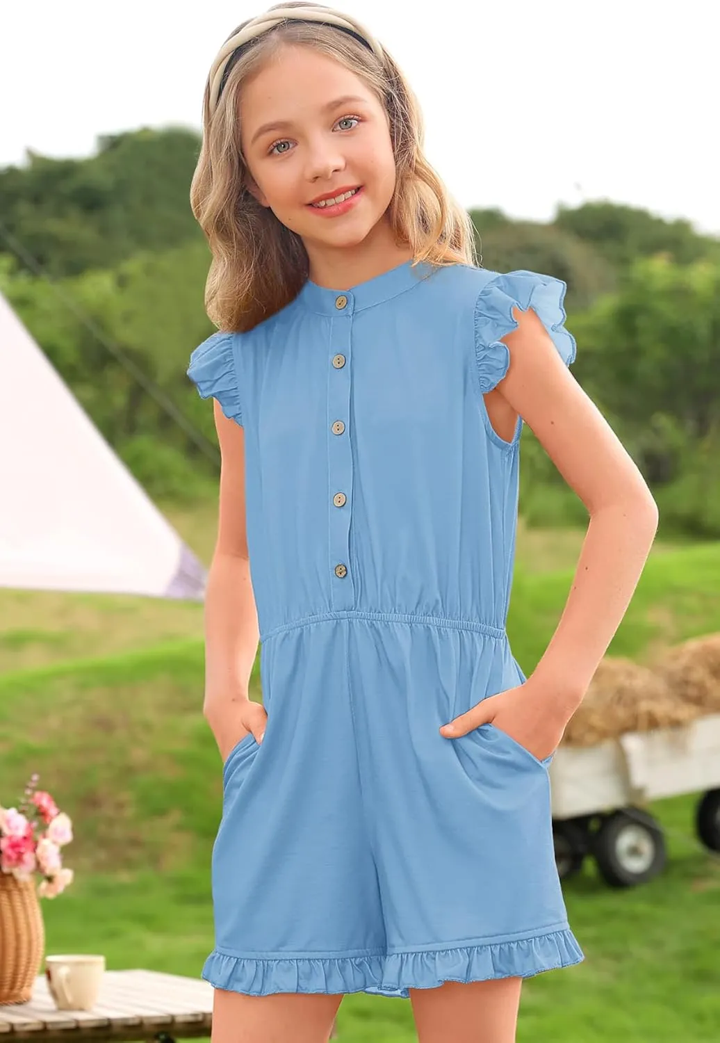 BesserBay Girl's Summer Ruffled Flutter-Sleeve Jumpsuit Button Down Crewneck Romper 5-14 Years